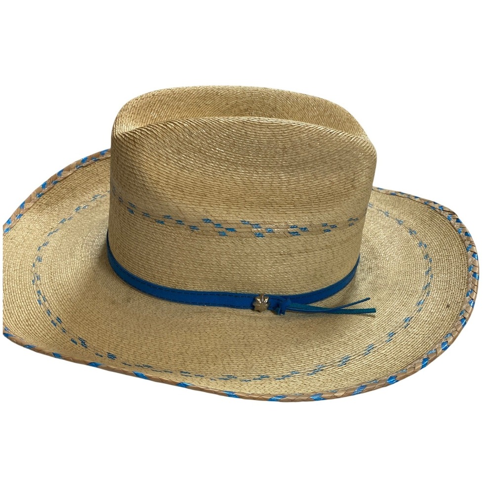 Alamo Hats Straw Cowboy Hat Natural Blue Whipstitch Cattleman L/XL Women Western